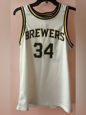 Kids Brewers #34 White Sleeveless Jersey Top